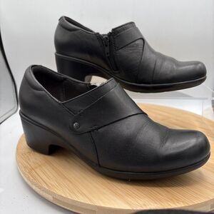 Clarks Collection Slip-On Leather Casual Shoes Black Womens 7.5M Side Zip